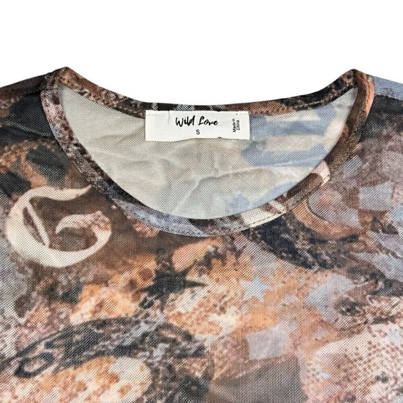 NWT Y2K 90s Sheer Mesh Cropped Top Sz.S Multi All-Over Print Fairy Grunge Goth - Picture 3 of 9